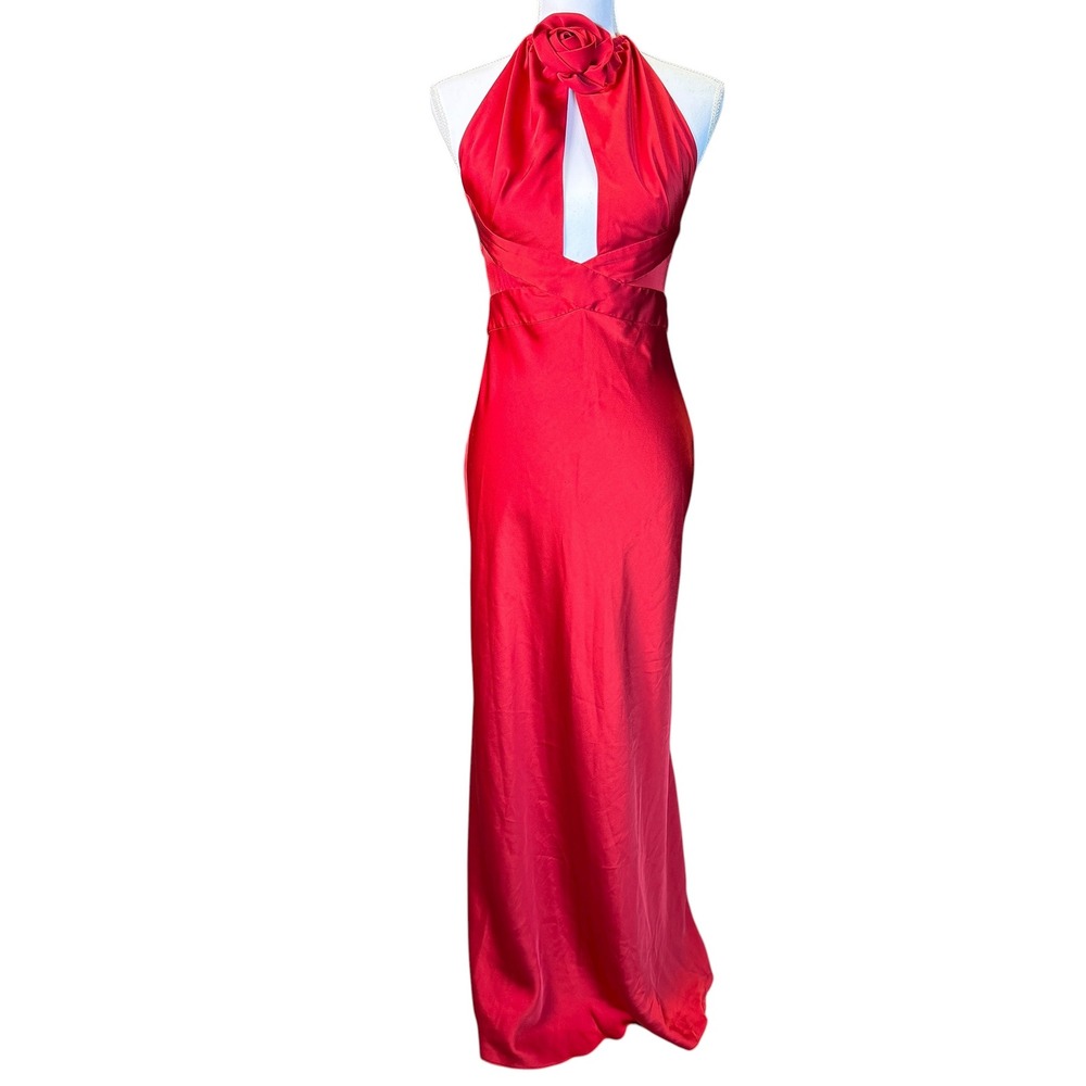 RONNY KOBO Wonder Red Satin Gown Halter Neck Maxi‎ Dress with Rose Detail Size S - Picture 3 of 14